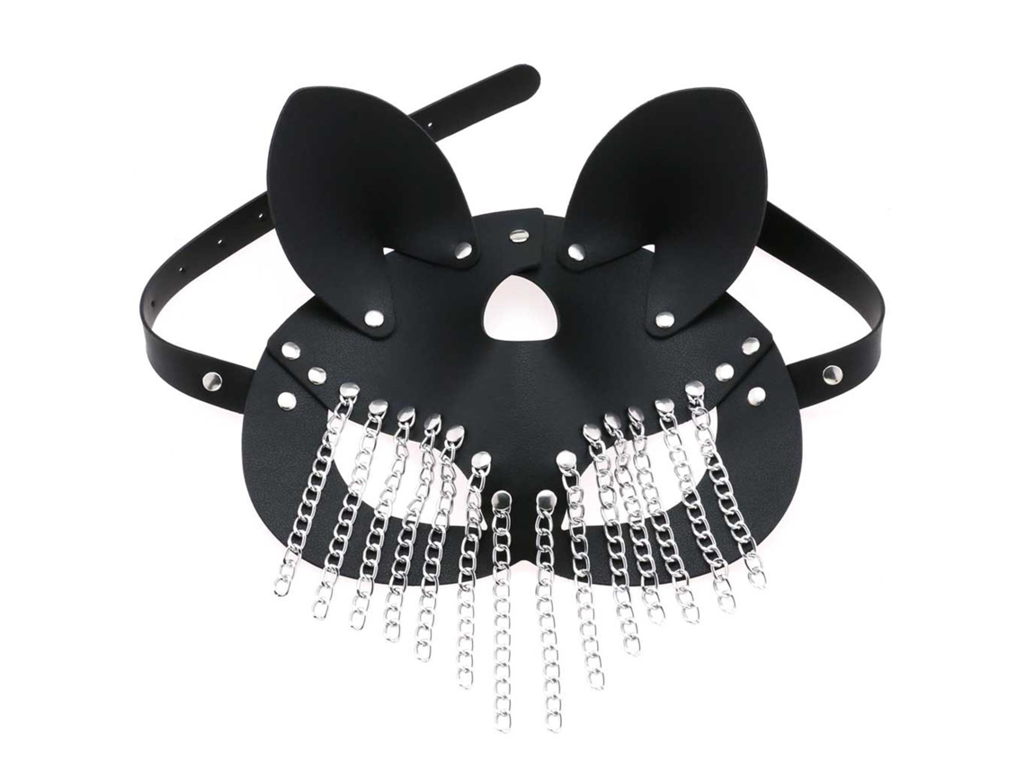 Máscara Facial Ajustable De Cuero Sintético Negro Con Flecos Metálicos Y Remaches Para Cosplay.