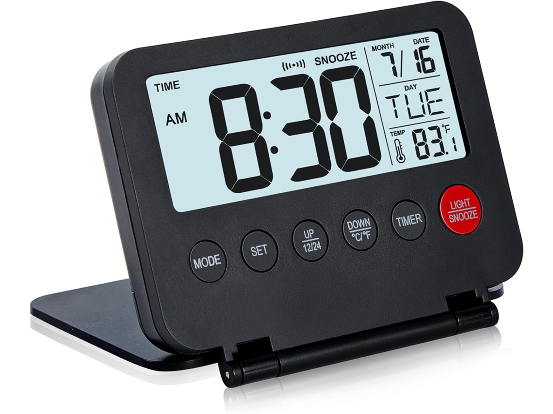 Despertador digital pequeño para viajes con pantalla LCD grande, botón frontal con fecha y temperatura, y función de repetición de alarma (negro).