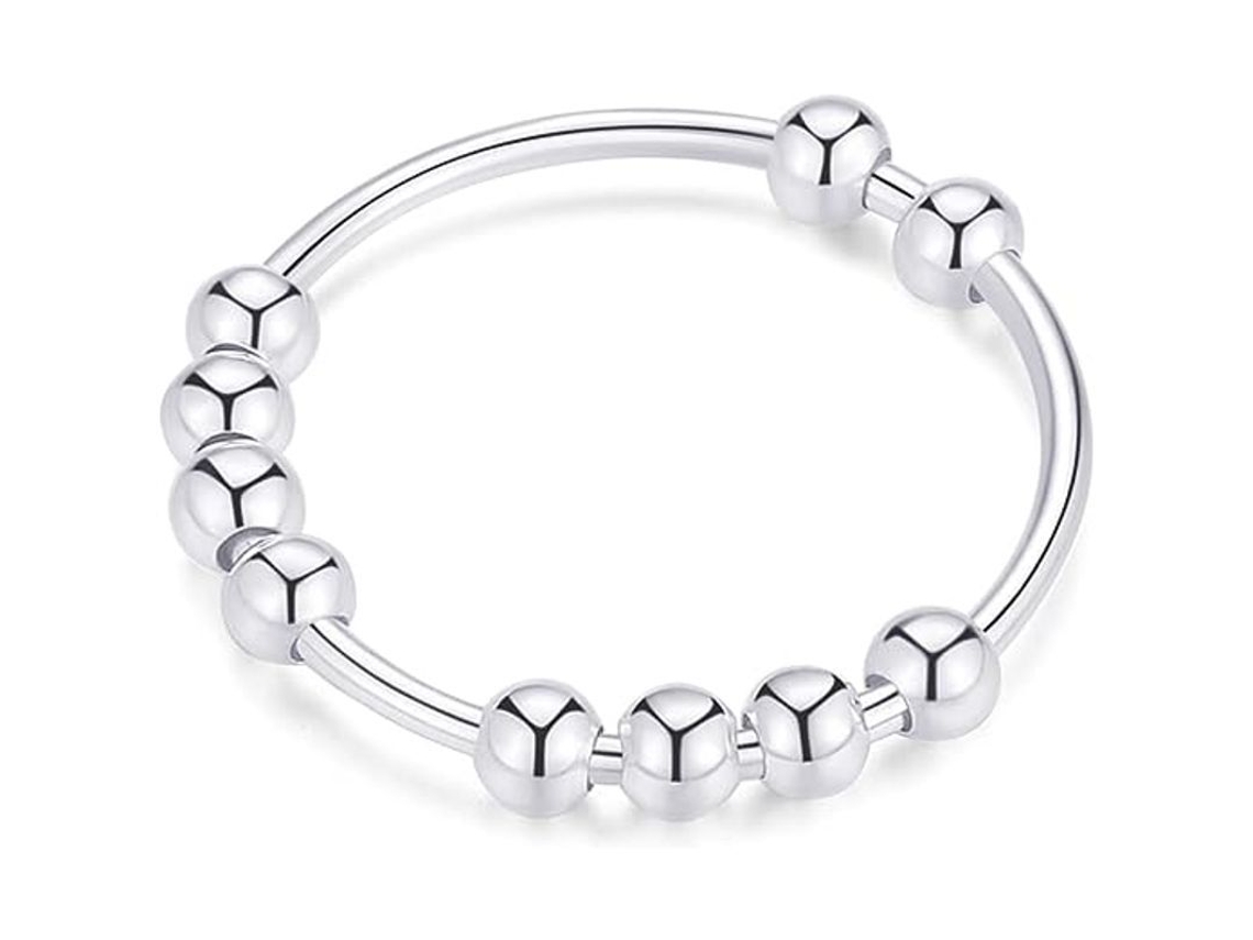 Anillo Antiestrés De Plata De Ley 925 Para Mujer/hombre Con Perlas Giratorias, Talla 7