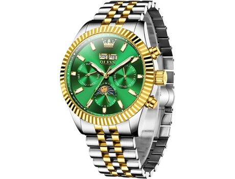 VEANXIN Hombres Automático Lujo Clásico Año/Luna/Fecha/Fase Lunar Reloj Luminoso Impermeable(Verde)