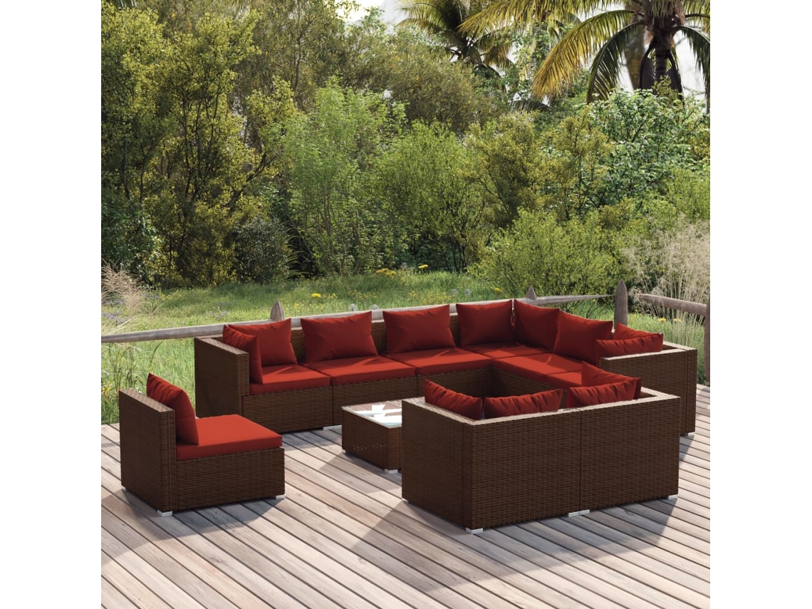 Conjunto de jardín de 10 piezas con cojines de mimbre marrón DKD Home Decor