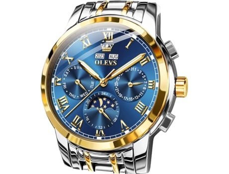 VEANXIN Reloj mecánico automático para hombre, de acero inoxidable, con fase lunar, resistente al agua, luminoso, con calendario(azul)