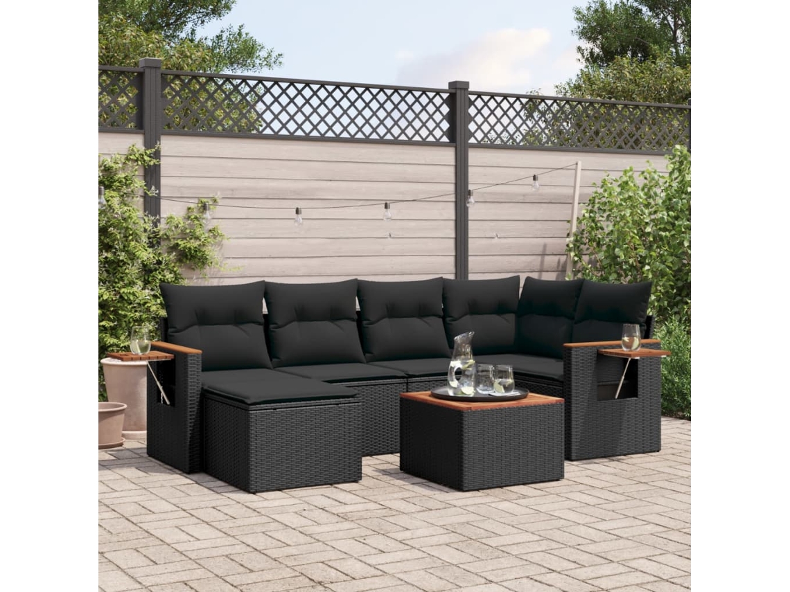 Conjunto de sofá de jardín de 7 piezas con cojines, ratán negro, Dkd Home Decor