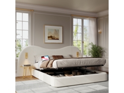 Cama Tapizada Blanca De 180x200 Cm Con Almacenamiento Hidráulico, Puerto Usb Y Luz De Lectura.