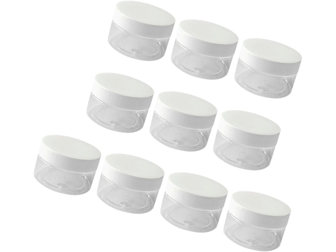 Juego De 10 Tarros Cosméticos Vacíos De Pet De 100 Ml, Transparentes, De Boca Ancha Y Con Tapa Blanca.