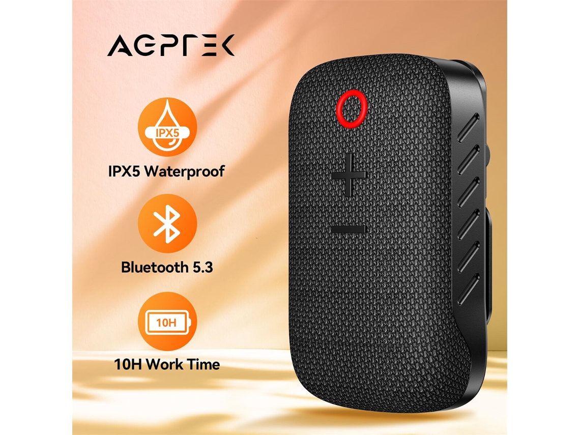 Altavoz Bluetooth portátil Agptek WS10 con clip magnético, 10 horas de reproducción, resistencia al agua IPX5, altavoz inalámbrico para viajes.