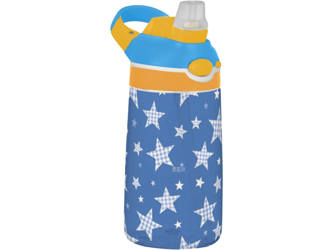 Botella de agua infantil ligera de plástico Tritan con asa, estampado a cuadros azules.