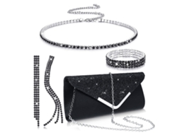 Conjunto de 4 piezas para mujer con bolso de noche con diamantes de imitación, pendientes, collar y pulsera brillante (negro) Eifson