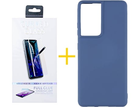 Carcasa y Protector de Pantalla de Vidrio Samsung S21 Ultra SKYHE Silicona Líquida Azul