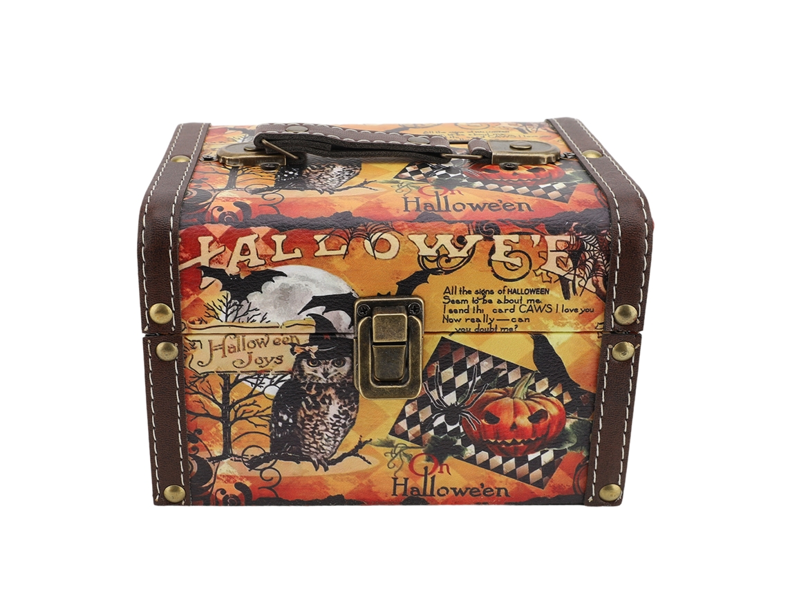 Caja de almacenamiento de madera antigua con búho calabaza M 18x14x12cm