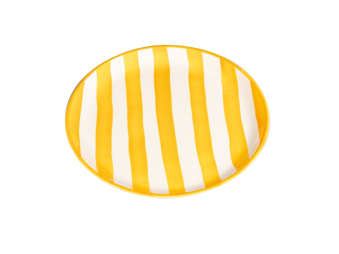 Juego de 2 platos llanos de cerámica con rayas artesanales, 28 cm, fabricados en Italia, diseño moderno en color amarillo para una mesa muy elegante.
