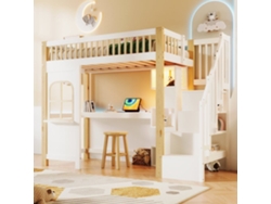 Cama Alta 90x200 Cm - Con Luces Led, Ventana, Escalera Con Almacenamiento, Escritorio, Enchufe - Blanco+natural