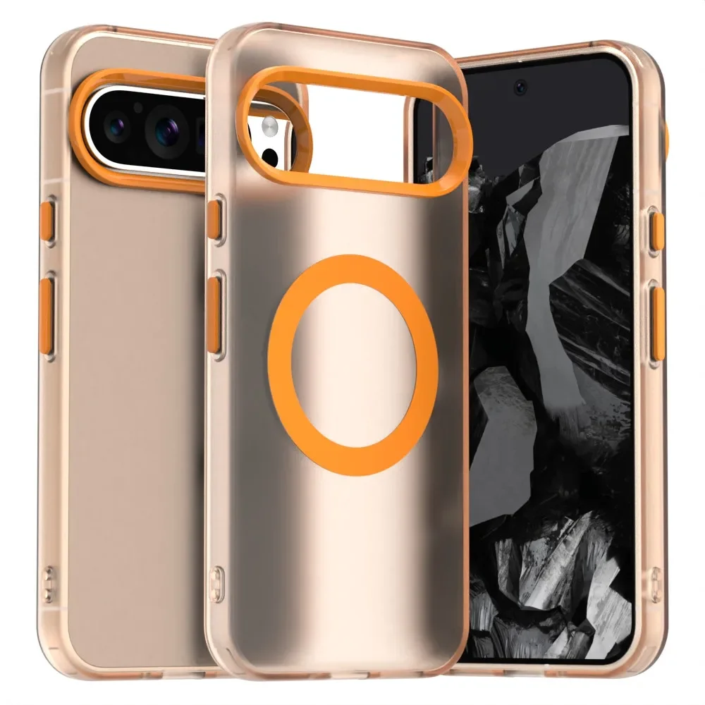 (naranja, Google Pixel 9a) Funda Transparente Con Acabado Mate Cristalino, Resistente A Los Golpes, Con Carga Inalámbrica Magnética.