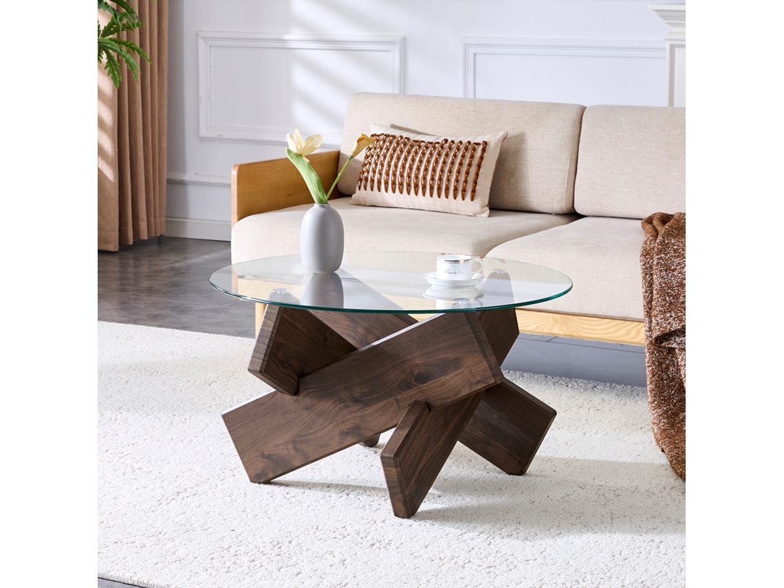 Mesa De Centro Redonda 79 Cm - Mdf Y Vidrio, Patas Nogal, Diseño Simple Y Elegante - Transparente, Nogal