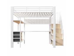 Cama Alta 140x200 Cm - Estructura Metálica Con Estante, Cajón, Panel Perforado, Escritorio, Enchufe Y Luz Led, Sin Colchón - Blanco