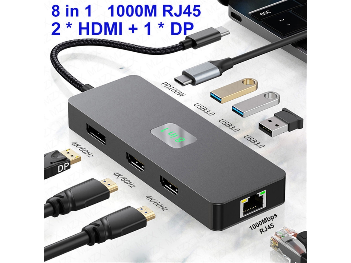 Estación de acoplamiento Yizhood 8 en 1 Hub USB 3.2 4K60Hz compatible con HDMI DP 3.0 1000M Tipo C Gris