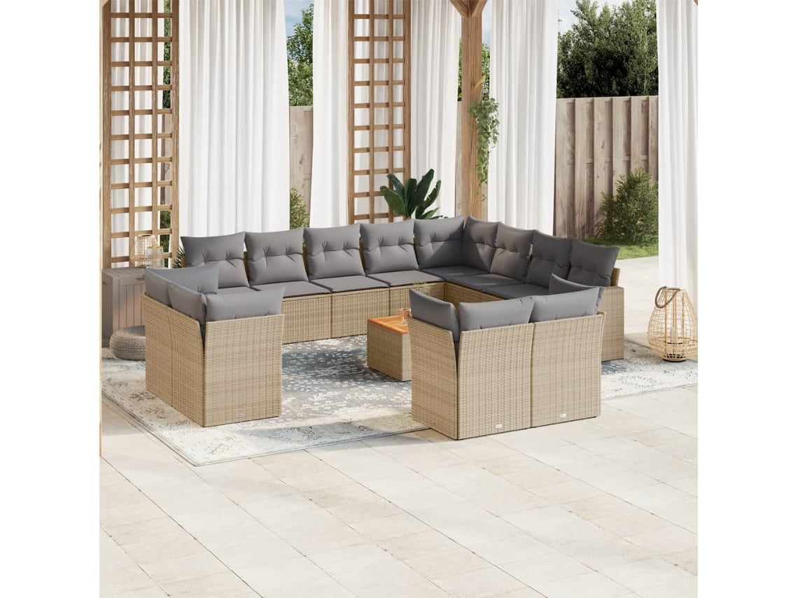 Conjunto de sofá de jardín de 13 piezas con cojines, mimbre beige mixto, DKD Home Decor