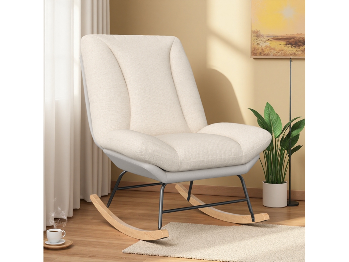 Mecedora Rosahqnda, tapizada, con respaldo ajustable en 5 posiciones, patas de madera antideslizantes, sin brazos, en lino beige