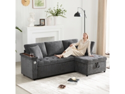 Sofá cama 3 plazas en forma de L, extensible, con almacenaje, cargador USB, reposabrazos y 2 cojines, gris, Mobrio.