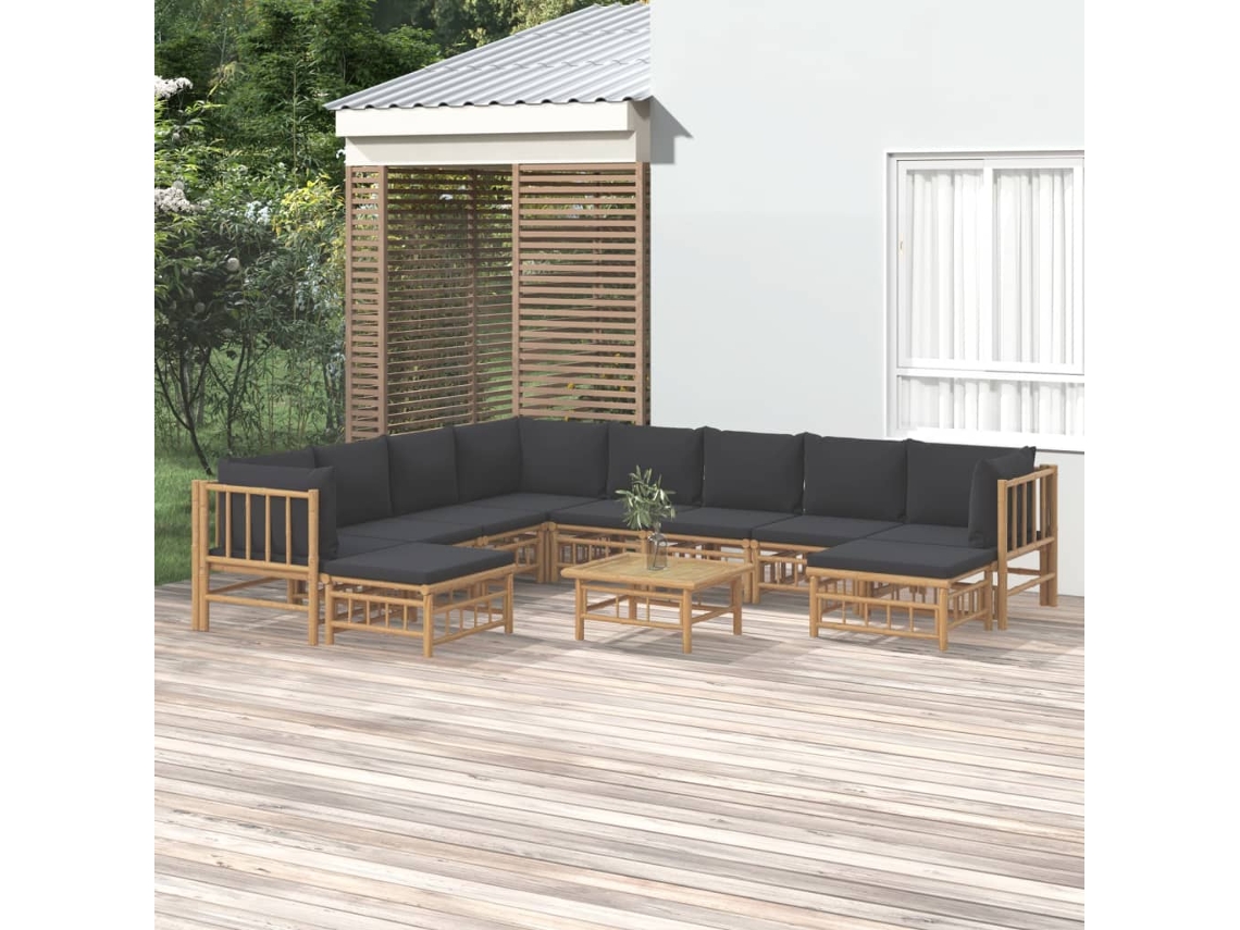 11 unidades Conjunto. Lounge De Jardim Bambu Almofadões Cinzento Escuro Dkd Decoración Del Hogar