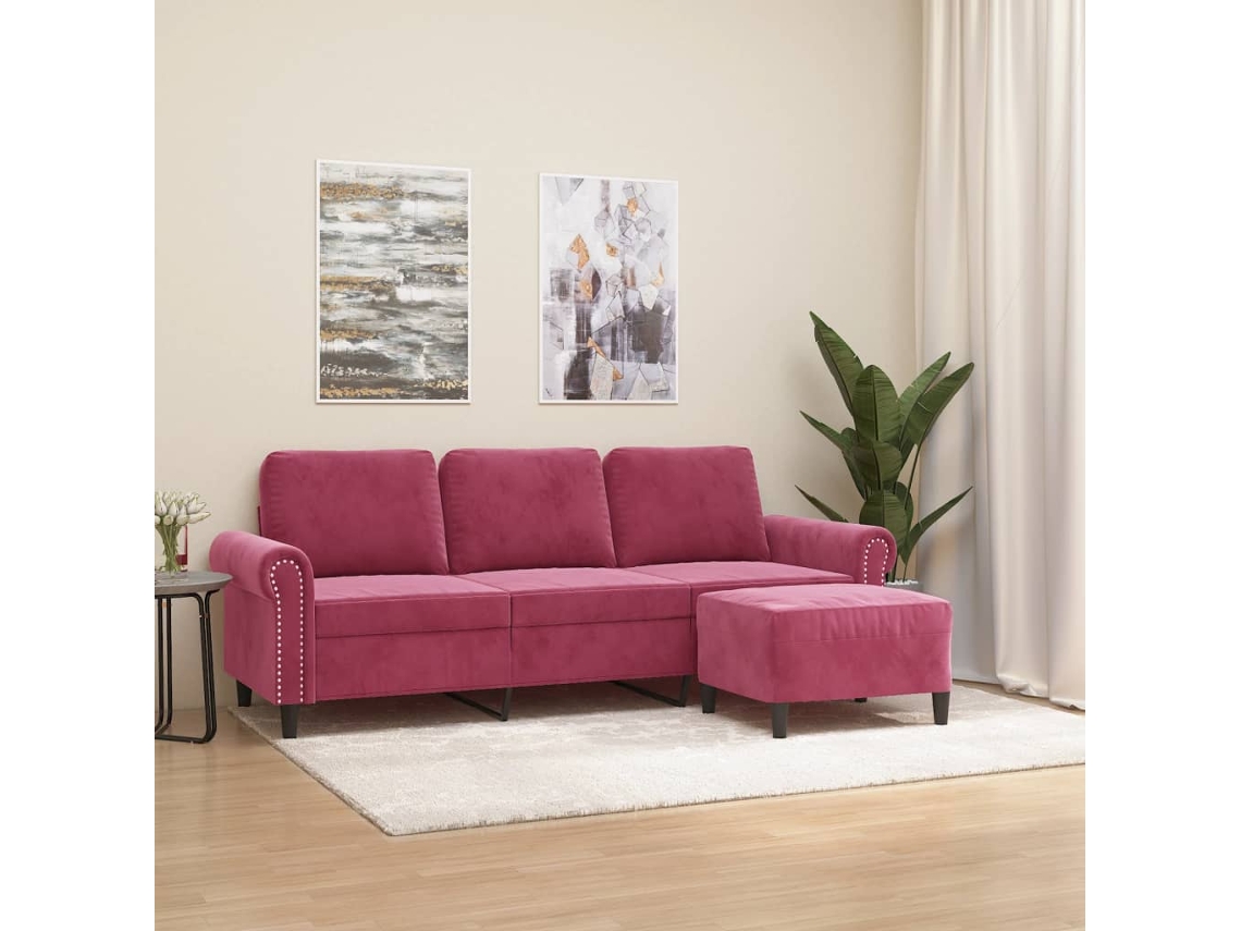 Sofá De 3 Plazas | Sofá De Salón | Sofá De Descanso Con Taburete De Terciopelo Rojo Tinto 180 Cm Wsd911993
