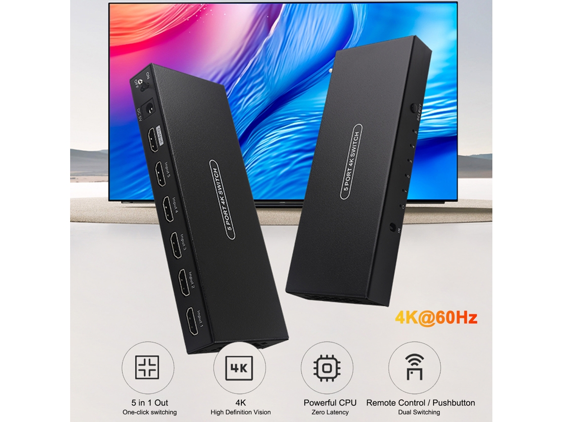 Conmutador Hdmi Con 5 Entradas Y 1 Salida, Hdmi 2.0 Compatible Con 4k60hz Hdr, Mando A Distancia.