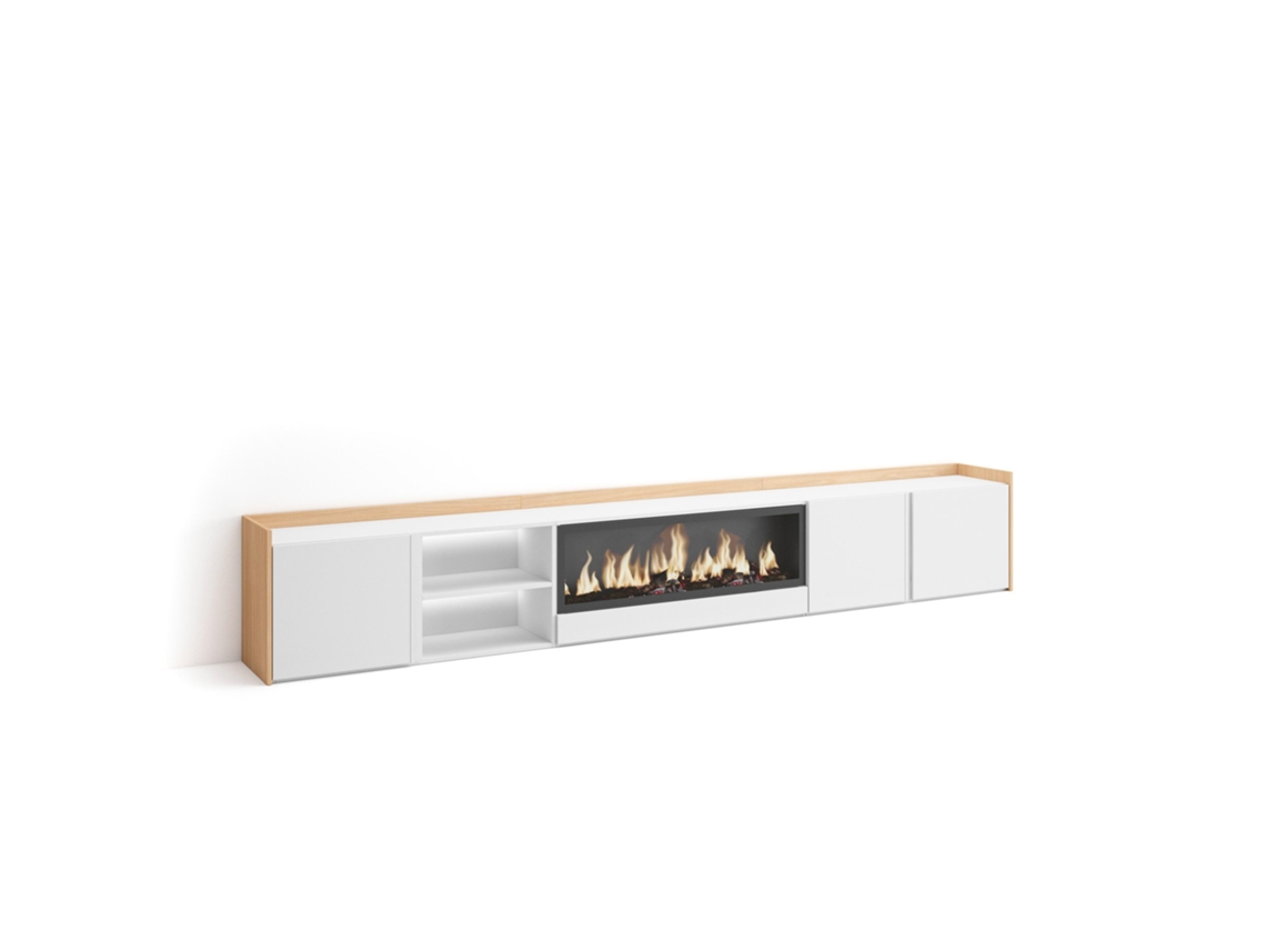 Mueble Tv, Televisión, 315x35x50cm, Para Tv Hasta 80", Chimenea Eléctrica Xxl, Led, Blanco Y Roble Soft