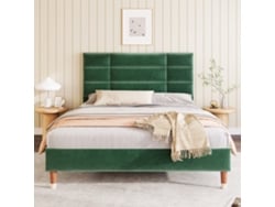 Cama Doble De 140x200 Cm, Cabecero Tapizado En Terciopelo Verde Oscuro, Colchón No Incluido.