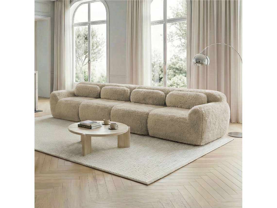 Sofá modular de 4 plazas de felpa premium, antideslizante, con cojines color caqui claro, MOBRIO