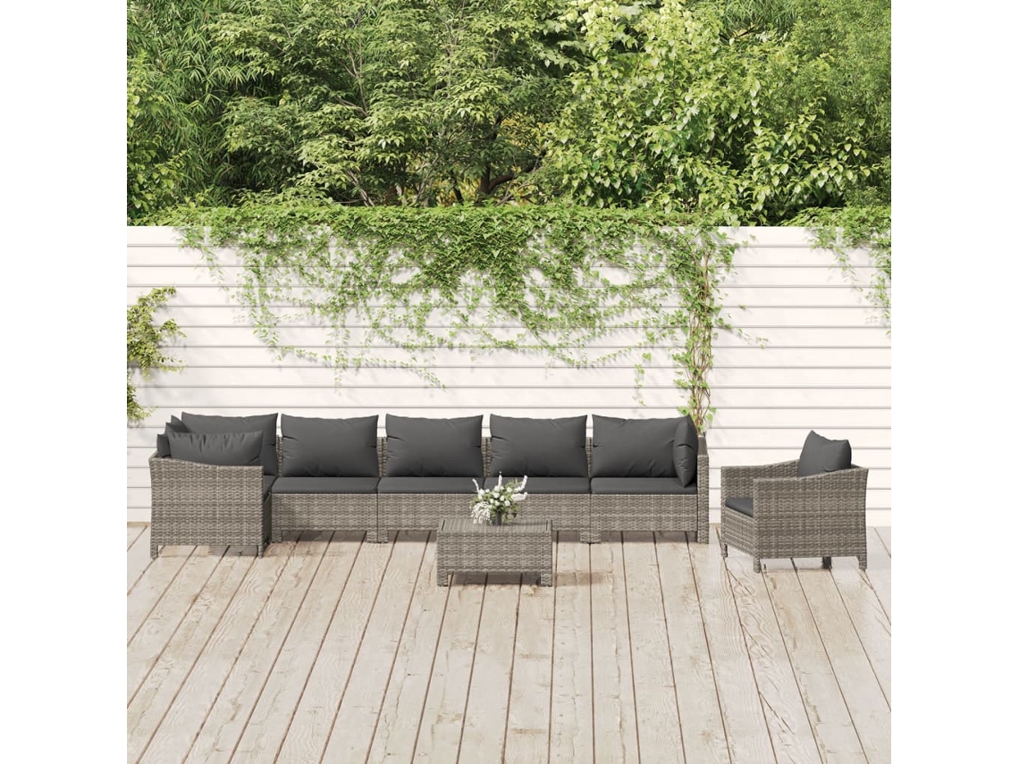 Conjunto de jardín de 8 piezas con cojines en mimbre gris, DKD Home Decor