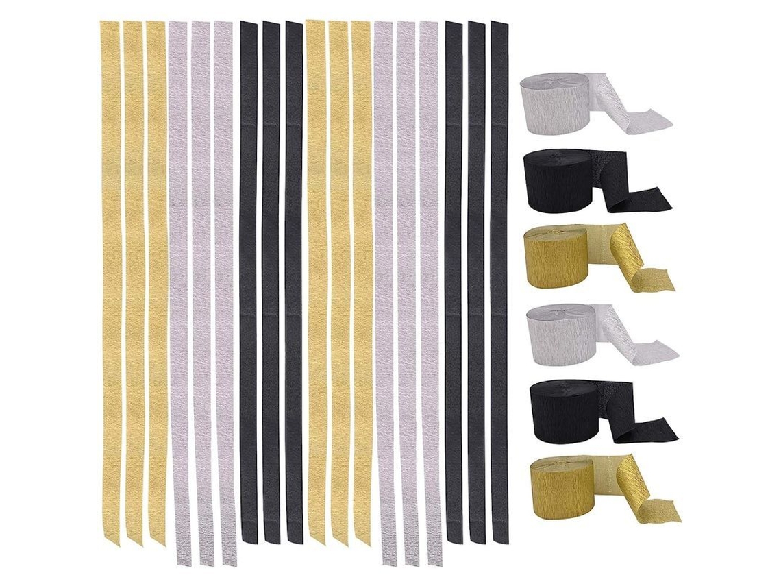 Rollos De Cinta De Papel Crepé, Dorado, Negro Y Plateado Para Decoración De Fondos De Fiestas.