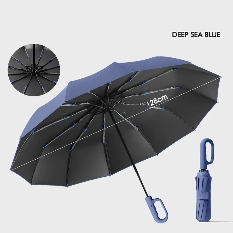 Paraguas Extragrande De 12 Varillas Con Hebilla (azul Oscuro 12k), Totalmente Automático, Portátil, Resistente Al Viento Y Plegable.