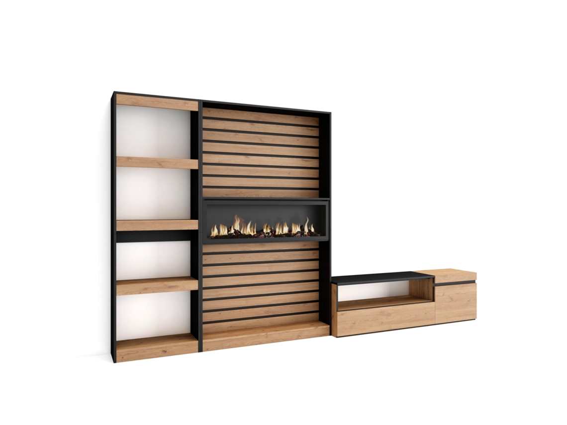 Muebles de Salón para TV 320x186x35cm Chimenea eléctrica Roble y negro