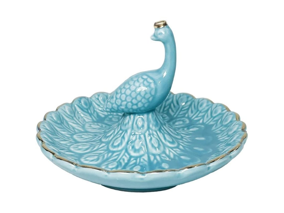 Soporte de cerámica para anillos 2026, organizador de joyas con estampado de pavo real azul.