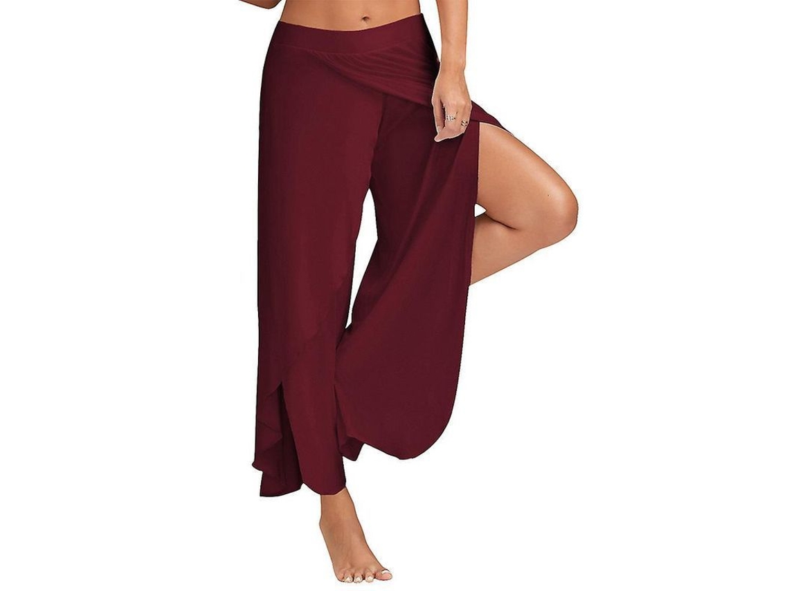 2026-pantalones Harem Palazzo De Yoga Para Mujer Anchos Sueltos Hippie Flowy Con Slit Talla Plus Cvj 3xl Vino Rojo