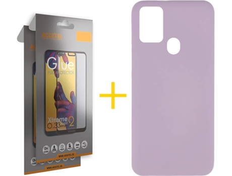 Funda y Protector de Vidrio Full 2 x Samsung Galaxy A21s ACCETEL Silicona Líquida Morado