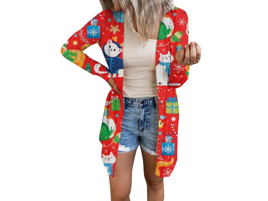 Blusa Rebe com abertura frontal, mangas compridas macias e estampa natalina e de Halloween, estilo casual, tamanho 7G.