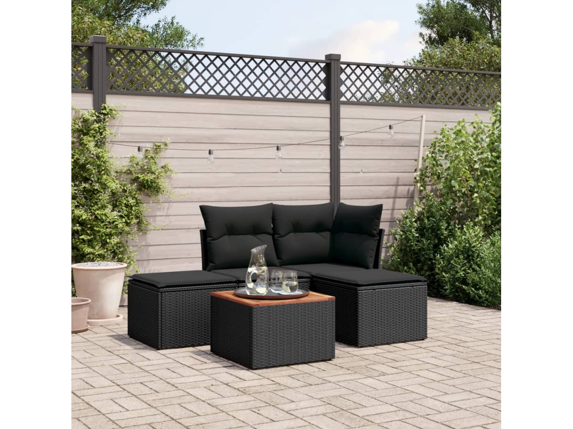 Conjunto de sofá de jardín de 5 piezas con cojines de mimbre sintético negro, Dkd Home Decor