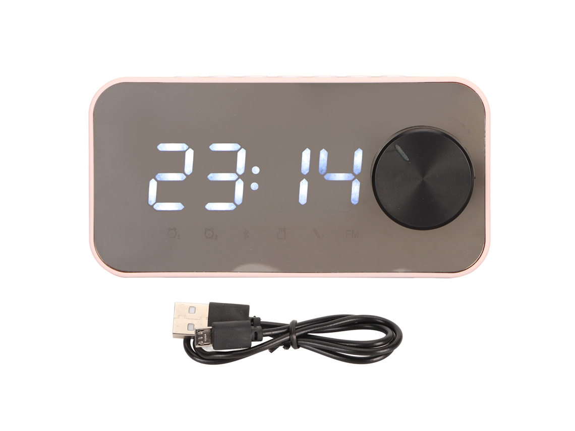 Altavoz Bluetooth Inalámbrico Con Reloj, Alarma, Espejo, Indicador De Temperatura Y Radio Fm - Rosa