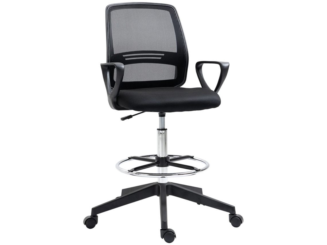 Taburete De Oficina Regulable En Altura, Silla Giratoria Ergonómica Con Reposapiés, Diseño Metálico Negro, Ideal Para Escritorio