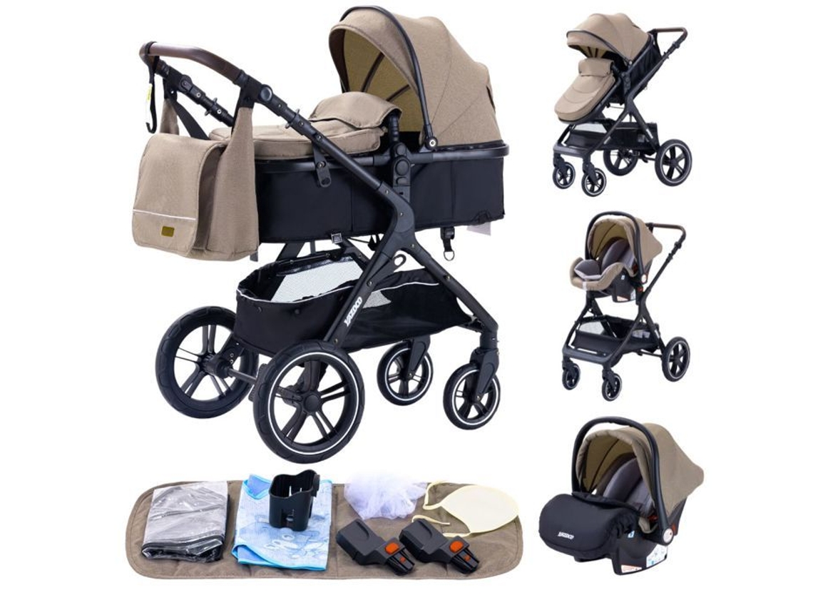 Cochecito de bebé 3 en 1, asiento de coche combinado, góndola, triciclo, reversible, ajustable, ruedas de alta calidad, color caqui, Yazoco