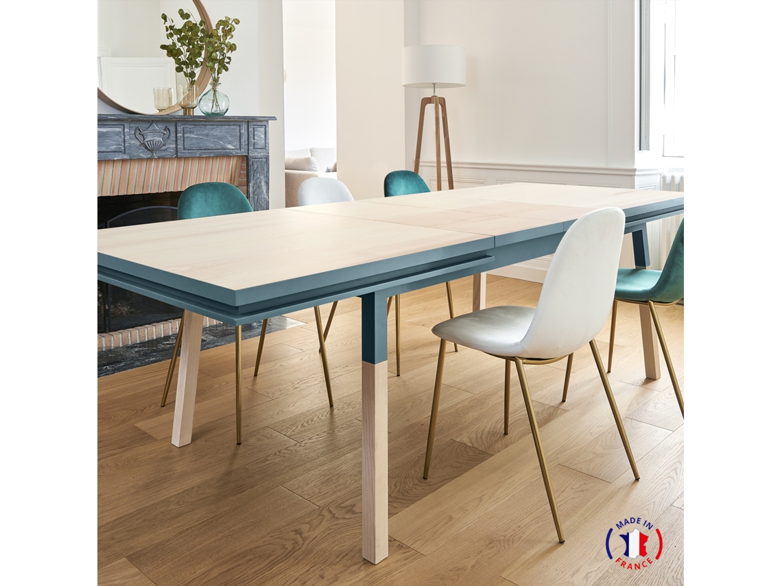 Mesa de Comedor Rectangular MON PETIT MEUBLE FRANÇAIS con 2 Extensiones (Azul Gris Lehon - Madera - 160 x 76 x 100 cm)