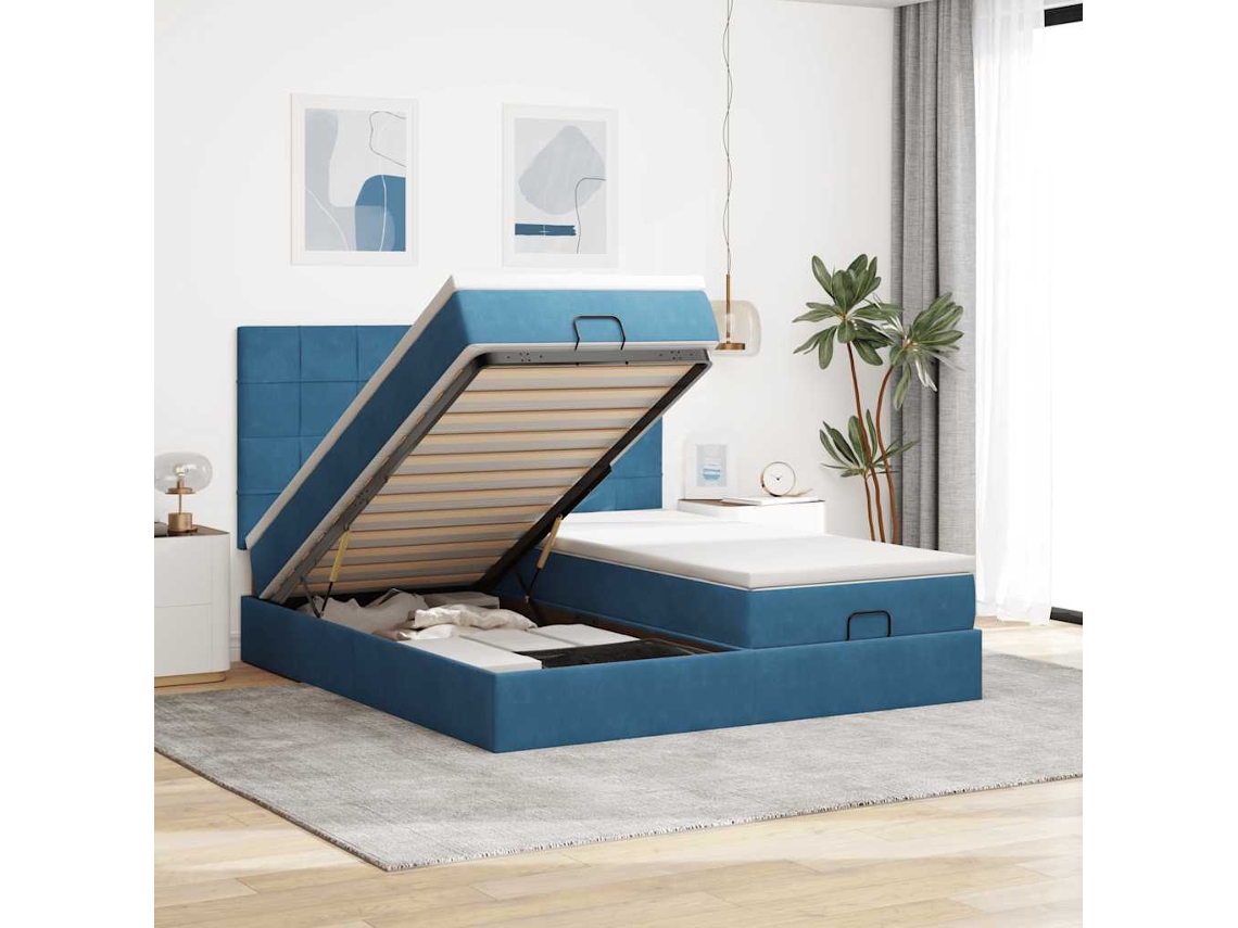 Estructura De Cama Otomana Colchones Terciopelo Azul Oscuro