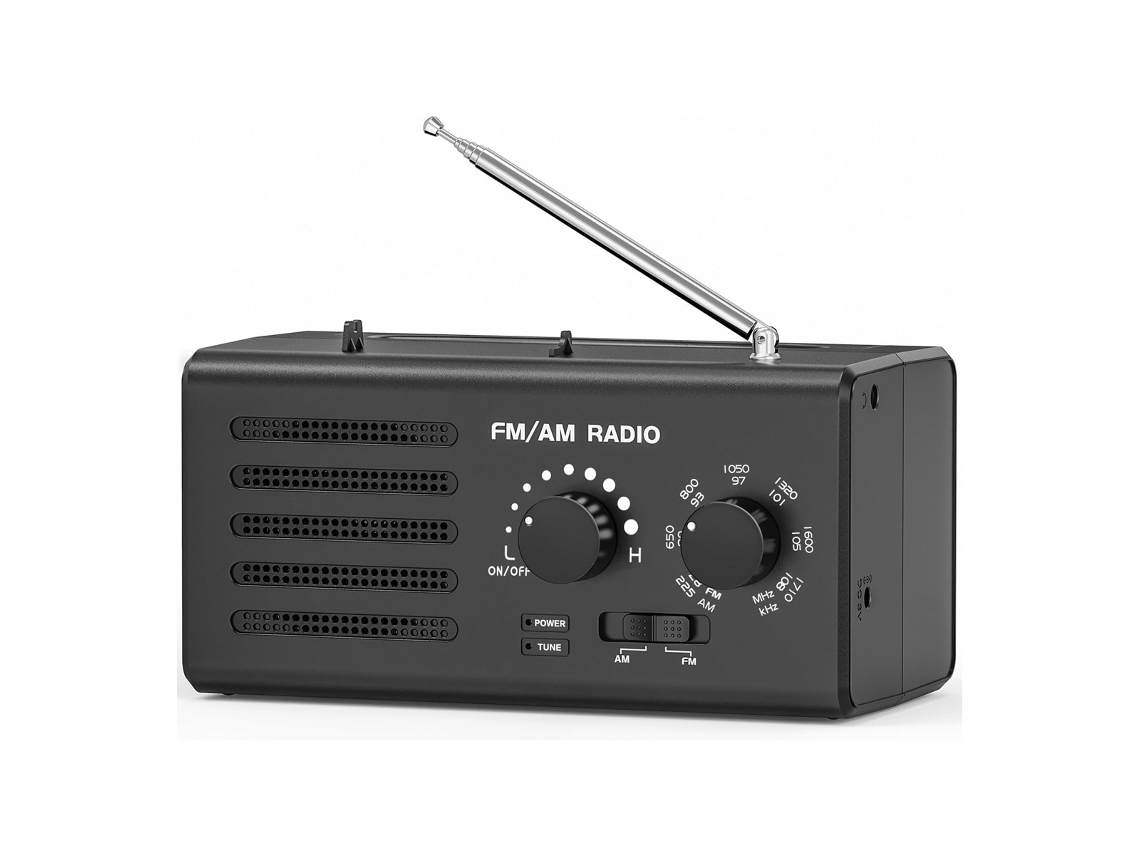 Radio portátil AM/FM con transistores y la mejor recepción, altavoz integrado y conector para auriculares. Compatible con alimentación por USB/batería.