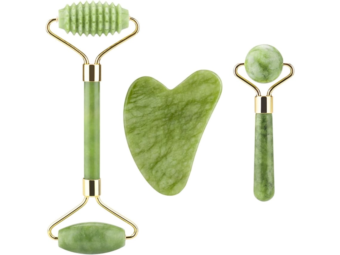 Rueda y raspador de jade - Masaje facial con piedras naturales - Apto para ojos, rostro y cuello.