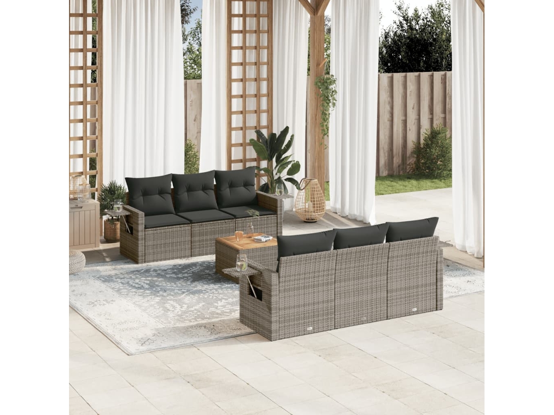 Conjunto de sofá de jardín de 7 piezas con cojines, mimbre gris, DKD Home Decor