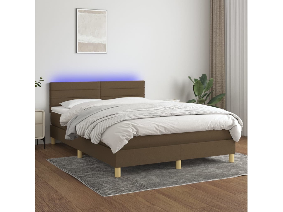Cama Box Spring Colchón Luces Led Tela Marrón Oscuro 140x190 Cm