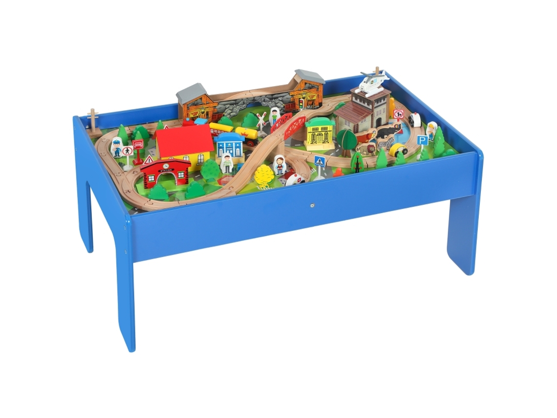 Mesa De Juego De Tren De Madera, 108 Piezas, Tapa Desmontable, Azul