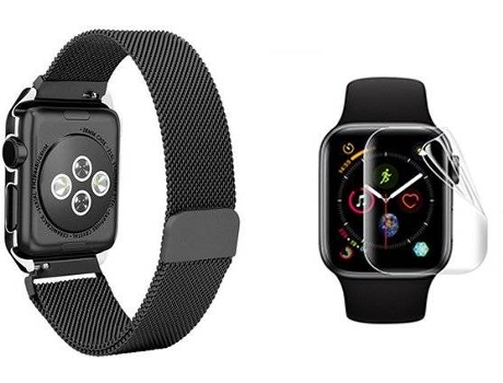 Correa + Protector de Pantalla Apple Watch Series 7 41mm G4M Milanese Negro y Transparente