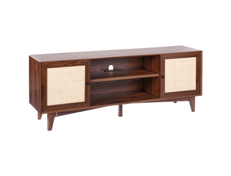 Soporte de TV VEVOR Rattan para TV Boho de 75 Pulgadas con Enchufe Incorporado en Nogal